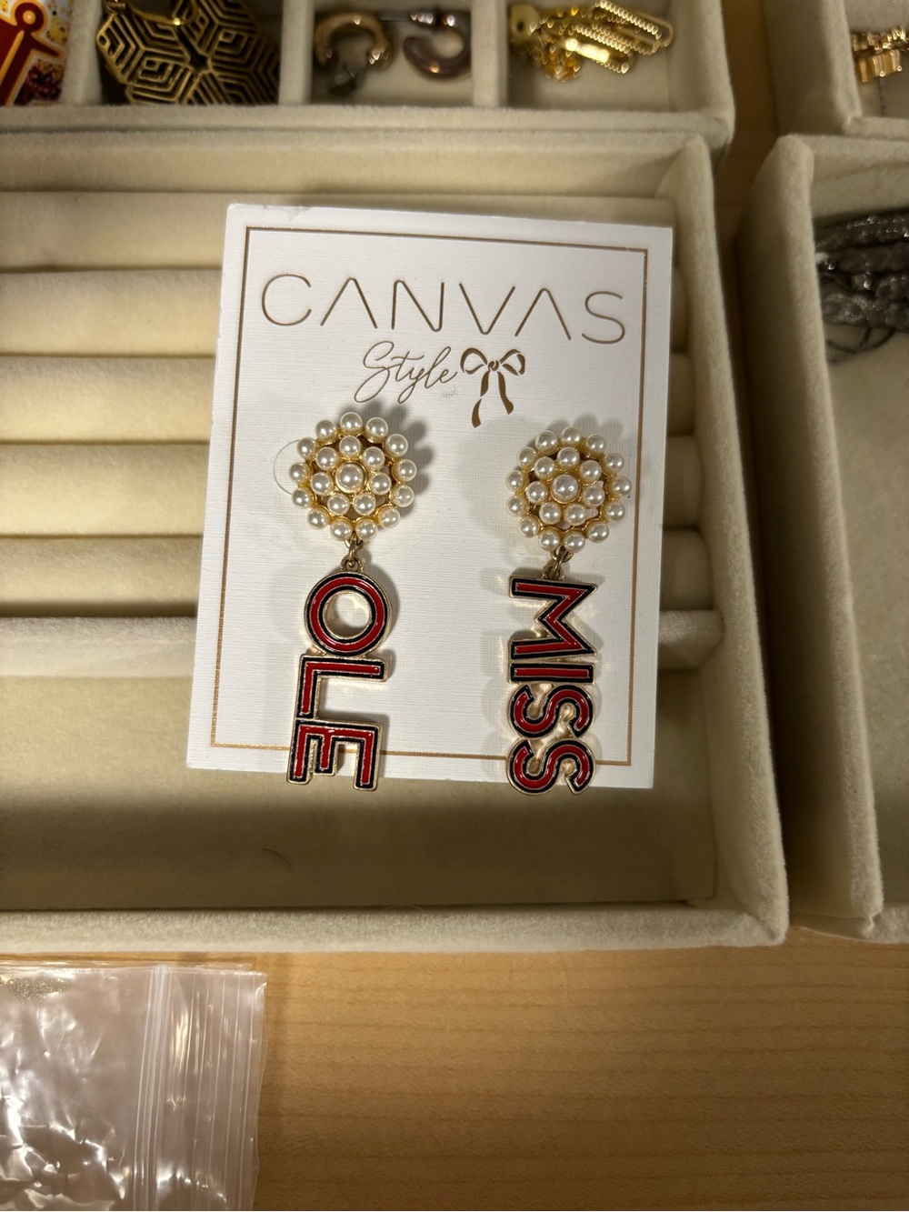 Canvas Style "Miss Ole" Pearl Drop Letter Earrings - Red & Gold